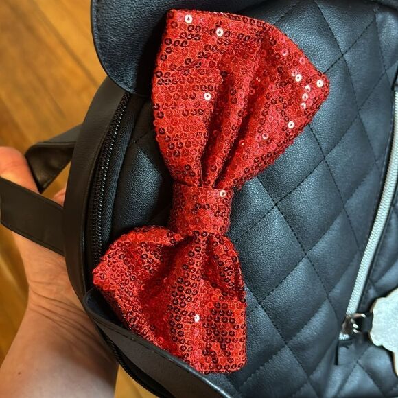 Disney Minnie Mouse Black Quilted Faux Leather Backpack with Ears and sequins - Picture 7 of 9